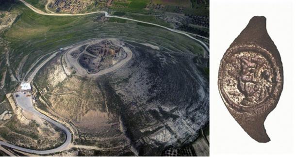 The ring (right) was found at Herod’s fortress excavations 50 years ago. (Left; Public Domain . Right; C. Amit, via Hebrew University)