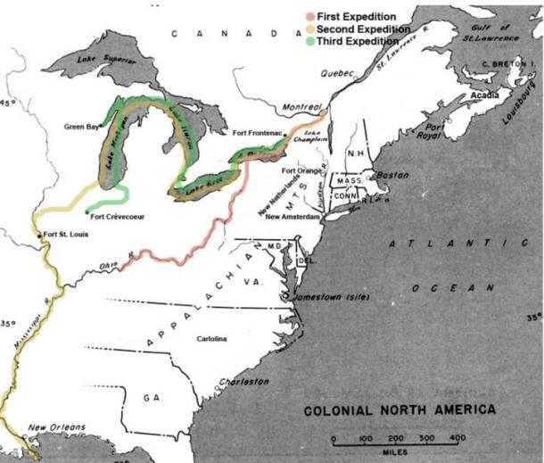 The routes of La Salle's expeditions; the exact course of some parts of his travels is unknown.
