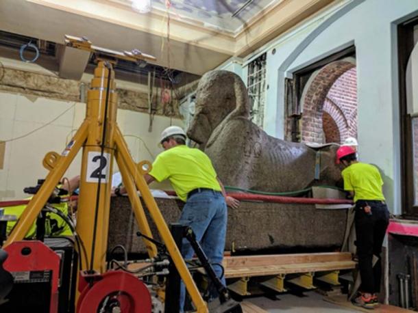 The sphinx floating into the                  main entrance hall. (Penn Museum)