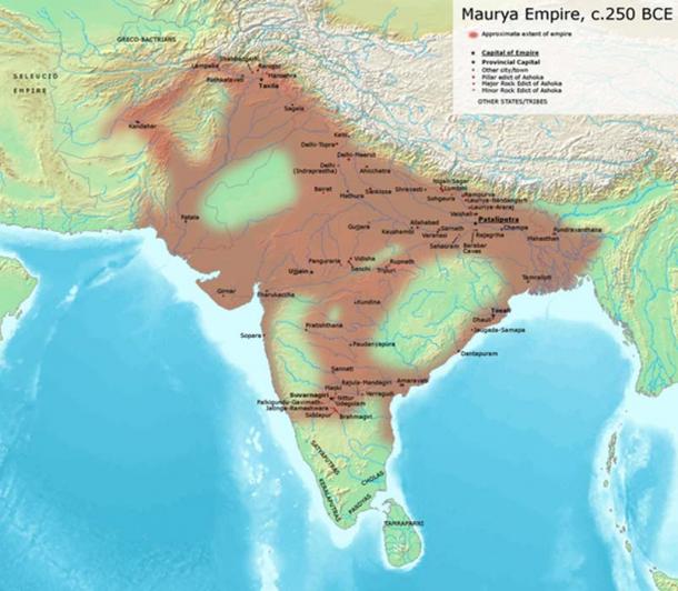 The sprawling Maurya Empire in about 250 B.C. Avantiputra7/Wikimedia Commons, CC BY-SA