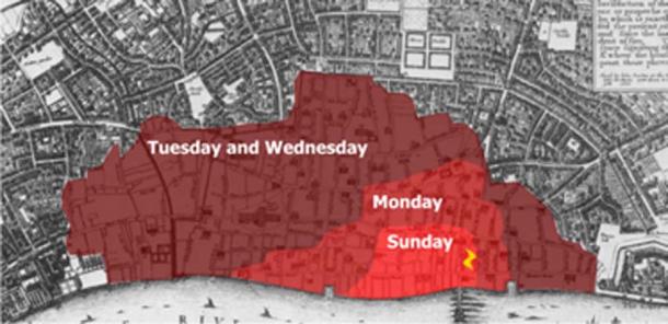The spread of the Great Fire of London. (Bunchofgrapes / CC BY-SA 3.0)