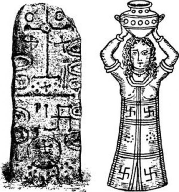 The swastika, the Phoenician sun symbol, on the Phoenician Craig-Narget stone in Scotland, and on the robe of a Phoenician high priestess. (Source)