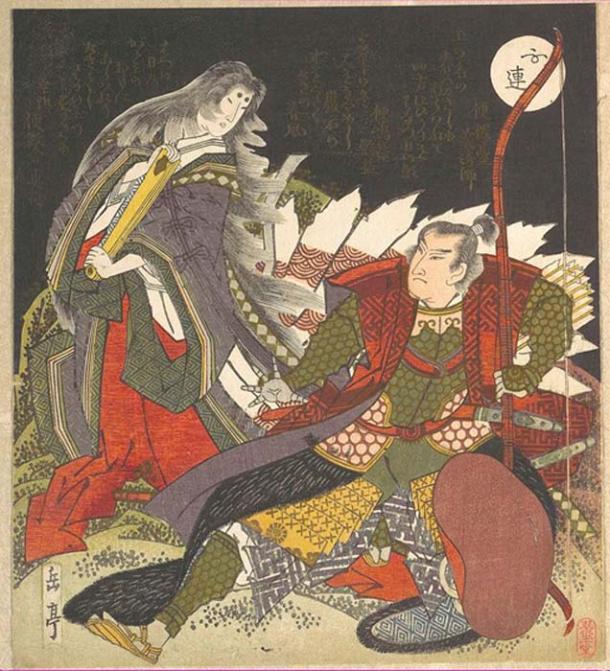 The warrior Miura-no-suke confronting Lady Tamamo-no-mae as she turns into a Kitsune. (Pharos / Public Domain)