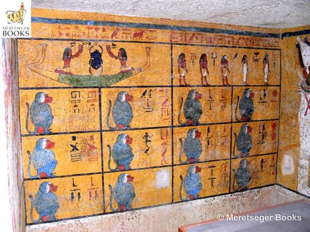 The west wall of Tutankhamun’s tomb is covered with scenes from the Amduat (“That Which is in the Afterworld”). In the lower register, 12 squatting Baboon deities symbolise the 12 hours of the night through which the sun and king must travel before achieving rebirth at dawn. (Photo: Meretseger Books)