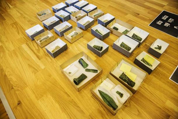 The whole hoard of 24 axe heads and 6 other Bronze Age articles