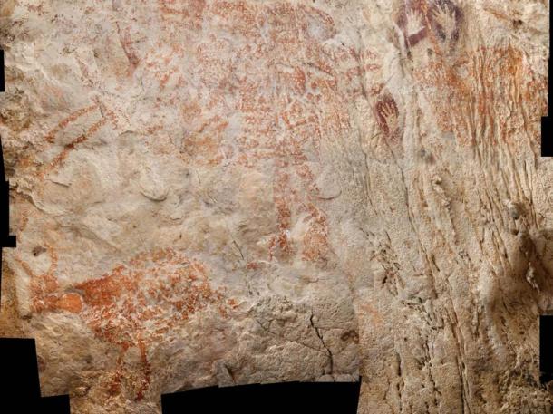 The world’s oldest figurative artwork from Borneo, depicting cattle-like creatures and dated to a minimum of 40,000 years. Image: Luc-Henri Fage