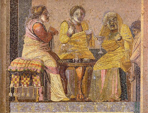 Theater scene: two women and a witch (all three wearing masks). Roman mosaic from the Villa del Cicerone in Pompeii, now in the Museo Archeologico Nazionale (Naples)
