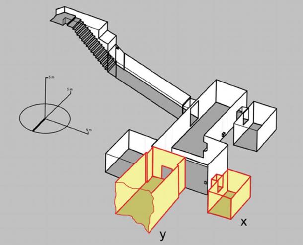 Theban Mapping Project's diagram of King Tutankamun's known tomb, in gray, and two possible new rooms in yellow and red, one of which, a researcher says, cold be Queen Nefertiti's burial chamber.