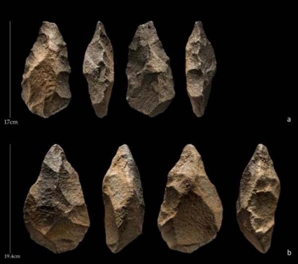 These are handaxes from the site of Saffaqah, Saudi Arabia. (Palaeodeserts/ Ian R. Cartwright)