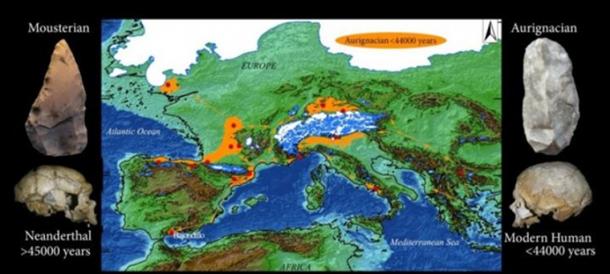 These are selected archaeological sites in Western Europe with Aurignacian industries actually or potentially older than 42,000 years, including Bajondillo Cave (Spain). Orange arrows indicate potential expansion routes across Europe at low sea level. Images on the left show a Neanderthal skull (La Chapelle-aux-Saints, France) and a Mousterian tool recovered at Bajondillo Cave. On the right the images show a Modern Human skull (Abri-Cro-Magnon, France) and an Aurignacian tool recovered at Bajondillo Cave. (University of Seville)