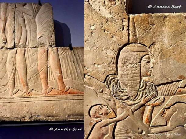 These fragmentary scenes, originally from the second courtyard of his Saqqaran tomb, show King Horemheb being awarded the Gold of Honor by Tutankhamun for his military prowess. Rijksmuseum van Oudheden, Leiden.