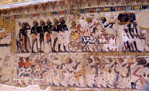 These scenes from the Theban tomb of Amenhotep called Huy, Tutankhamun’s viceroy, show Nubian princes bringing tribute for the Pharaoh. The man standing just in front of the cows in the lower register is holding a leopard skin in his hands.