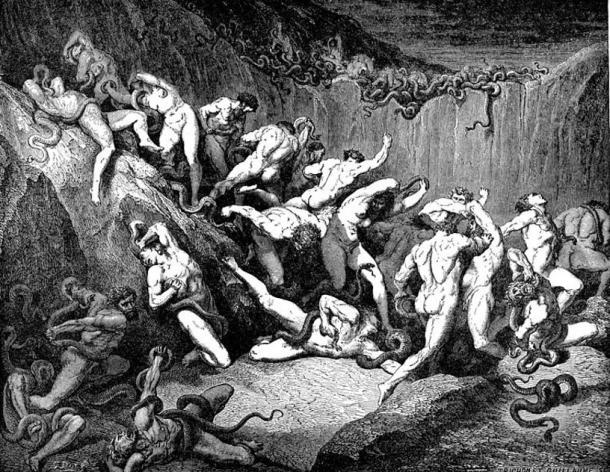 Thieves tortured by serpents (1857) Gustave Doré