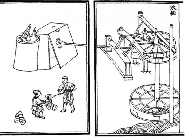 This Medieval printed illustration depicts waterwheels powering the bellows of a blast furnace in creating cast iron. This illustration is taken from the 14th century treatise Nong Shu, written by Wang Zhen in 1313 AD, during the Chinese Yuan Dynasty. (Public Domain)