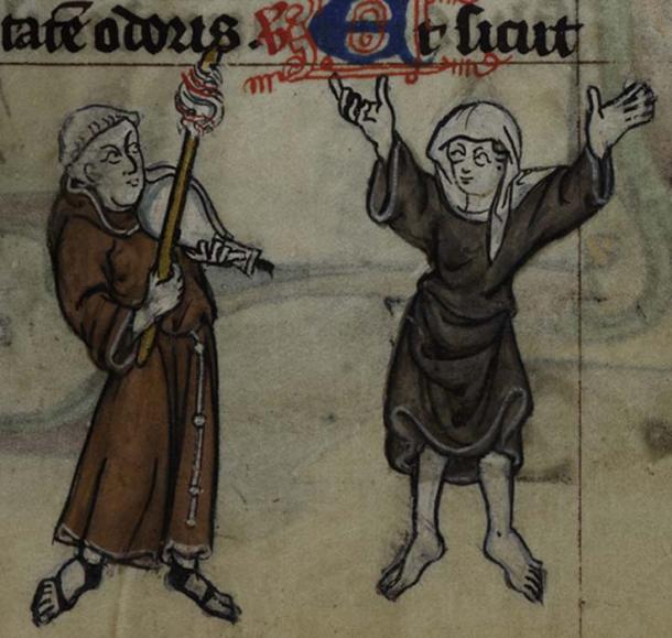 This drollerie Maastricht Book of Hours depicts a woman (a nun?) dancing to music played by a monk. (Public Domain)