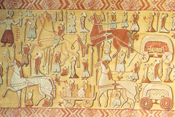 This embroidered tapestry from the Oseberg burial probably portrays a religious procession. (Photo: Museum of Cultural History, University of Oslo)