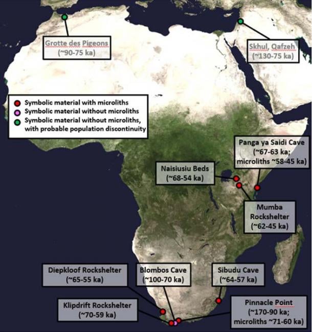 This is a map showing early African archaeological sites with evidence for symbolic material and microlithic stone tools. Credit: NASA Goddard Space Flight Center. Image by Reto Stöckli