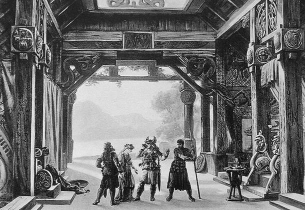 This is a monochrome photograph taken of Hoffman's 14 set designs (unknown number) for Wagner's Der Ring des Nibelungen opera in 1876.