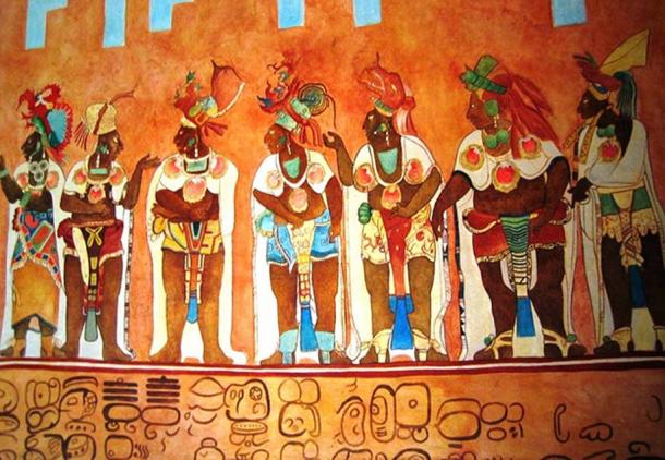 This is an artist's copy of a mural at the Temple of the Murals at Bonampak, a Maya archeological site. 