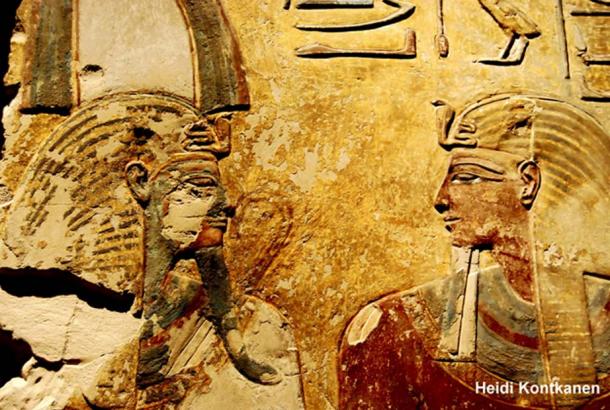 This painted relief that originated from a pillar in the tomb of Seti I (KV 17) shows the pharaoh (right) in the presence of Osiris. Neues Museum, Berlin.