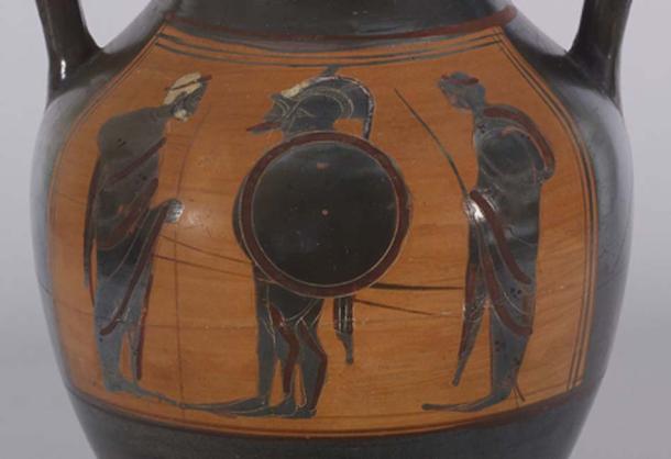 This vase may portray the common departure scene of two warriors in full armor leaving home for war, or it may represent a famous scene from