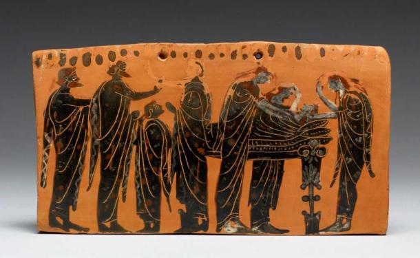 Este ejemplo de figuras negras muestra una escena de prótesis, el tendido del difunto en una cama, rodeado de dolientes, segunda mitad del siglo VI a.C. ANUNCIO (Dominio público)