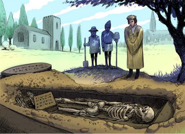 Thomas Elyot observing the giant skeleton, which was found with an ancient book with unusual script on it. A large, inscribed metal disc was found nearby. Illustration by Dan Lish. (Author provided)
