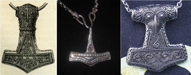 Left to right: Thor's hammer from Bredsättra: A 4.6 cm gold-plated silver Mjolnir pendant from Bredsättra parish, Runsten hundred, Borgholm municipality, Öland, Kalmar county, Sweden (Public Domain). Hammer pendant from Rømersdal, Bornholm (CC BY-SA 3.0). A copy of the Thor's hammer pendant from Skåne (CC BY-SA 4.0)