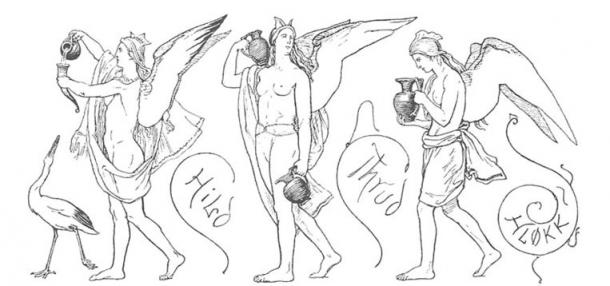 Three ale-bearing Valkyries  - Hild, thrud, and Hløkk in Valhalla, illustration from Grímnismál (1895)