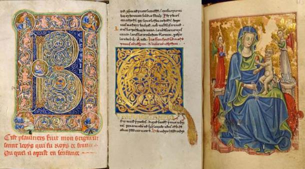 hree examples of decorative Medieval manuscripts made on higher quality parchment (left-right): Saint Louis Psalter 30 verso (1190-1200) (Public Domain), Inhabited initial ‘Q’ (1153) (Public Domain), and Leaf from Book of Hours (mid-15th century). (Public Domain)
