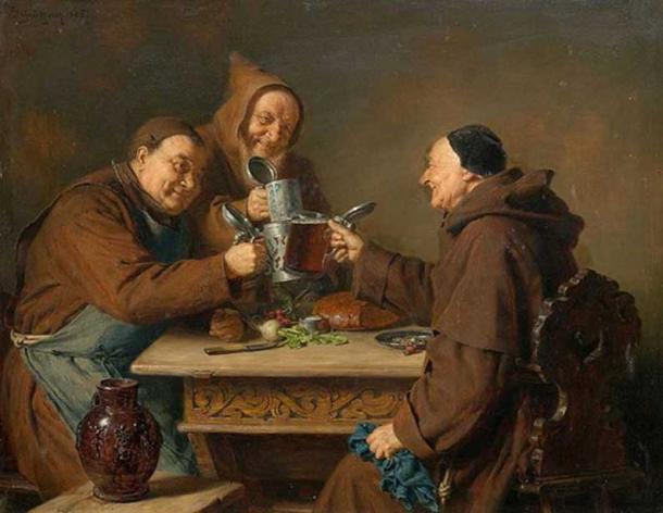 Three monks drinking beer. (1885) By Eduard Grützner. 