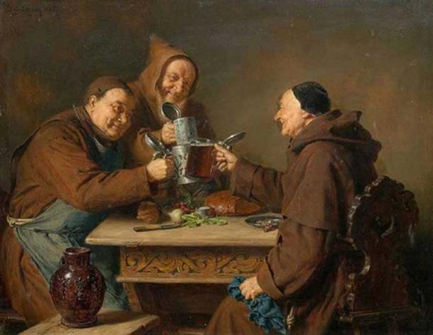 Three monks drinking beer. (1885) By Eduard Grützner