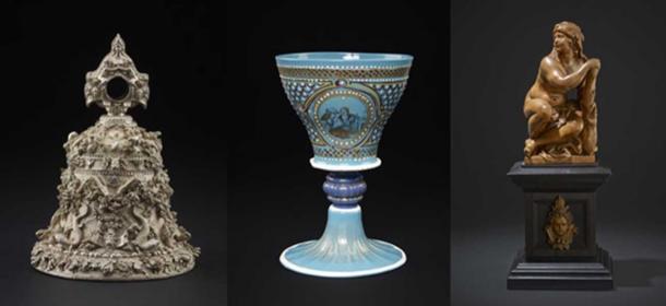 Three other objects in the Waddesdon Bequest: The ‘Cellini’ bell, a turquoise glass goblet, and a statue of Omphale.