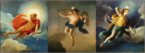 tři obrazy zobrazující tři božstva řecké mytologie jako personifikace denní doby. Zleva doprava: Helios (nebo bůh Slunce Apollo) ztělesňující den, Hesperus ztělesňující večer a Selene (nebo Diana, Luna) ztělesňující noc nebo měsíc. Public Domain