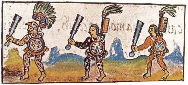 Three Aztec warriors carrying their deadly macuahuitl broadswords. (Tlacatecco)