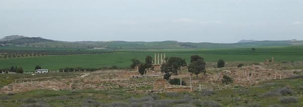 Panoramic view of the expansive ruins of the city of Thuburbo Maius, Tunisia. The city experienced several periods of prosperity and ruin, depending on the fortunes of the Roman Empire at the time.