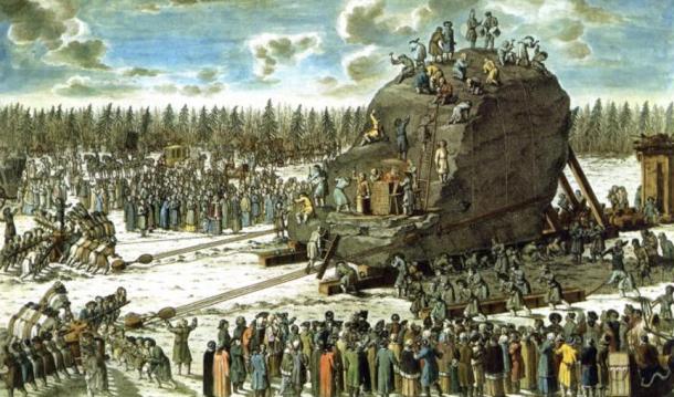An engraving depicting the transportation of the Thunder Stone.