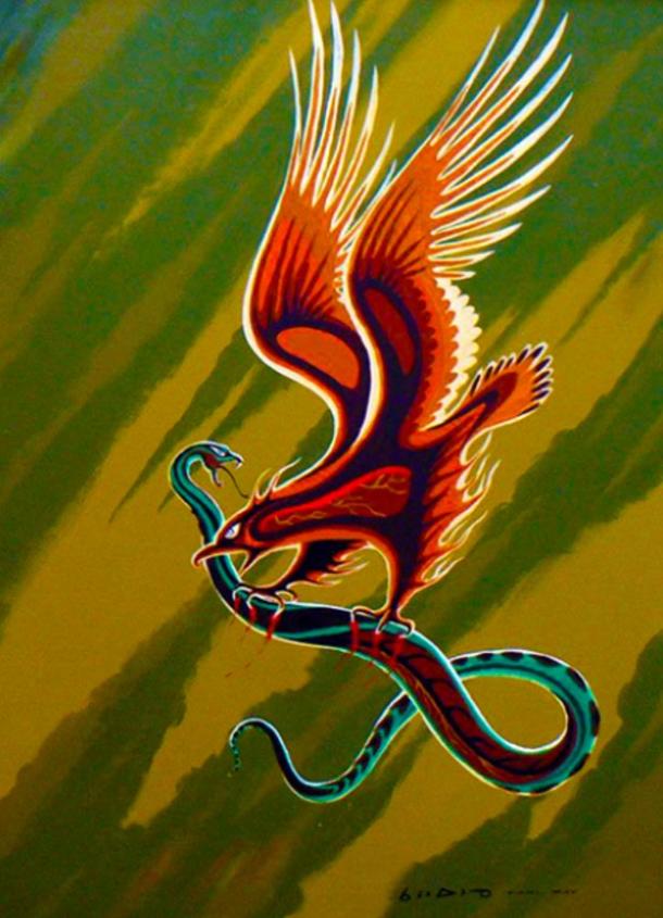 Carl Ray: Thunderbird and Serpent, acrylic on canvas (circa 1970).