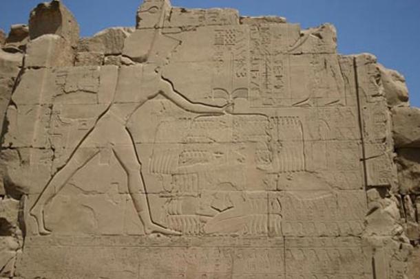 Thutmose III smiting his enemies. Relief on the seventh pylon in Karnak.