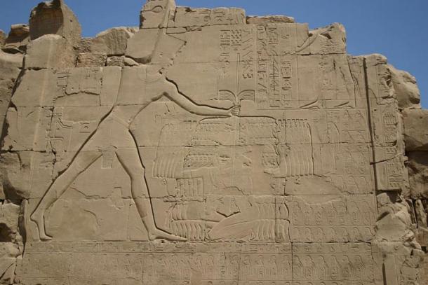 Thutmose III smiting his enemies. Relief on the seventh pylon in Karnak.
