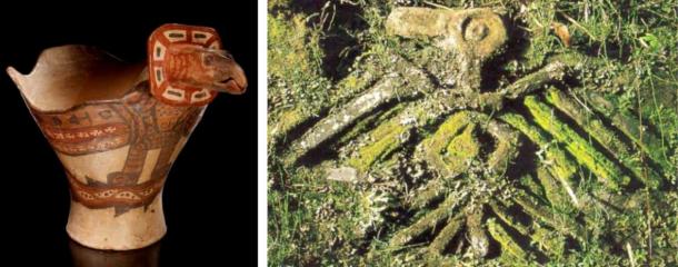 Left: A Tiahuanaco censer. The usual white collar of feathers of the condor is here represented by an eight pointed star, this is, a symbol of Venus â , and related therefore to Hannan Pacha or the “World of Above” (Photo by Ernest Amoros / National Museum of the American Indian). Right: A high relief with the figure of the Apu Kuntur of the Gran Pajaten Cultural Complex in Peru. (Author Provided)