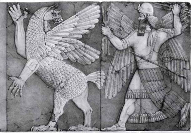 A chaos monster (perhaps Tiamat), and a sun god, perhaps Marduk. (TYalaA/CC BY-SA 4.0)