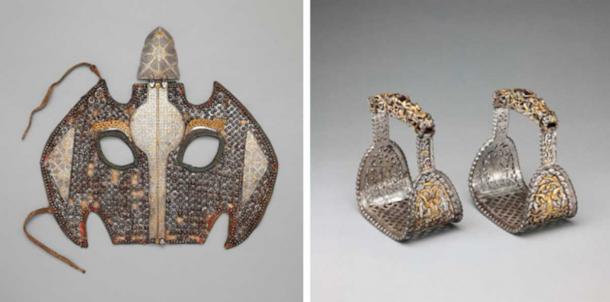 Left: Tibetan shaffron, late 15th–early 17th century. Tibetan shaffrons are relatively rare, the majority of surviving examples having been acquired by museums in the early 20th century. This shaffron is by far the most elaborately decorated of any recorded up to this point. The quality and execution of its lavish gold and silver damascening rank among the best examples of Tibetan decorated ironwork of this kind, suggesting that it was made for a very high ranking general, if not a king. Right: Pair of Stirrups, possibly 12th–14th century. This pair of stirrups is without equal in style, form, and construction. In particular, the combination of high relief, pierced work, and deep chiseling of the iron, highlighted by the lavish use of gold and silver, is unmatched on any other known pair of stirrups from Tibet, China, or Mongolia. (The Met, left Public Domain; Right; Public Domain)