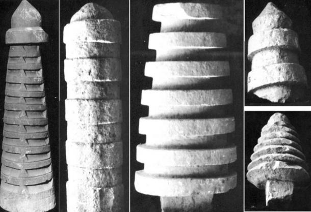Tiers stupa fragments kept in reserve collection of the Sarnath Site Museum, Sarnath, Uttar Pradesh