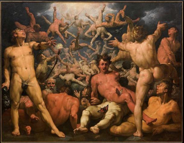 The Fall of the Titans, whereby the Greek god Zeus and his siblings overthrew his father Cronos and the other Titans, by Cornelis van Haarlem. (Public domain)