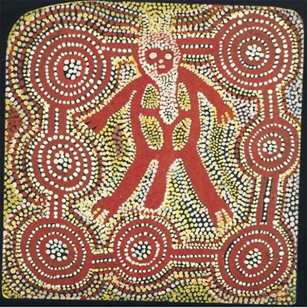 Tjungurrayi, Charlie Tjararu, (également connu sous le nom de `` Watama ''), 1981, Pintupi language / cultural group, (c.1921-1999), Papunya NT, Untitled (peinture d'un Pangkarlangu, un désert de l'Ouest / Désert central Bogeyman / Ogre figure ) 336x356 mm (coins arrondis), acrylique sur toile. Collection du Musée d'art de l'Université Flinders, Adélaïde. (Image © la succession de l'artiste, autorisée par la Aboriginal Artists Agency Ltd)