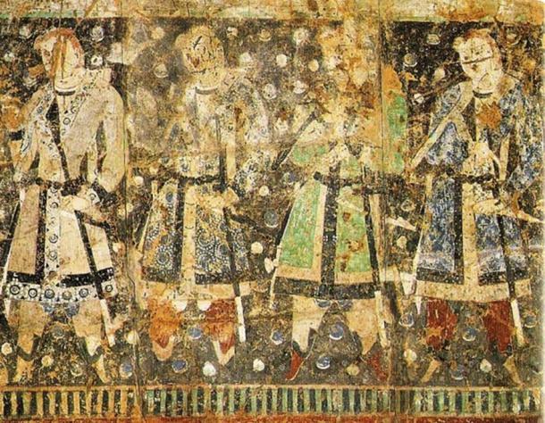 "Tocharian donors", with light hair and light eye color, 7th century AD fresco, Qizil, Tarim Basin, Xinjiang, China. 