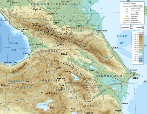 Topographic map of the Caucasus (Bourrichon/ CC BY-SA 4.0)