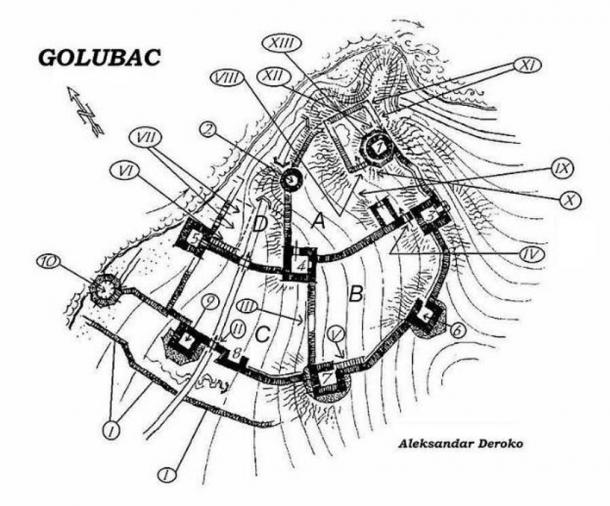 Topographical sketch of Golubac Fortress prior to 1972.