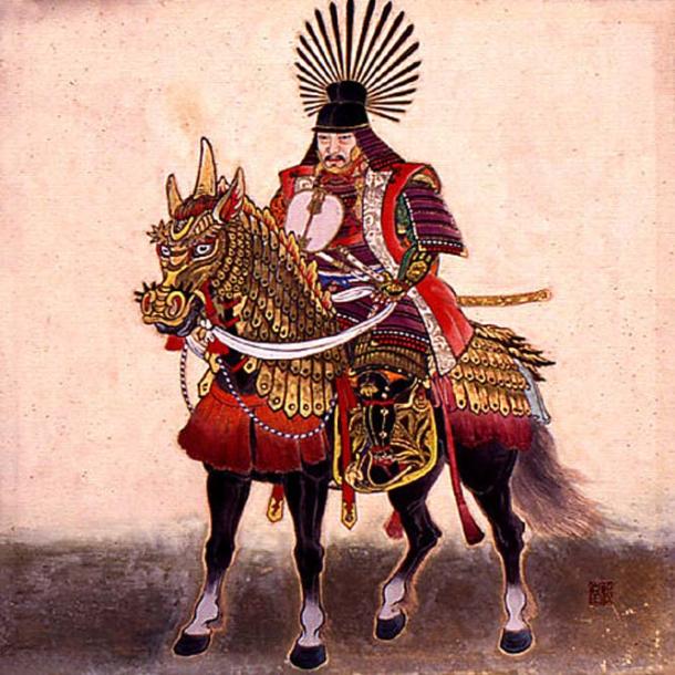 Toyotomi Hideyoshi on his horse. Note his unique helmet. 